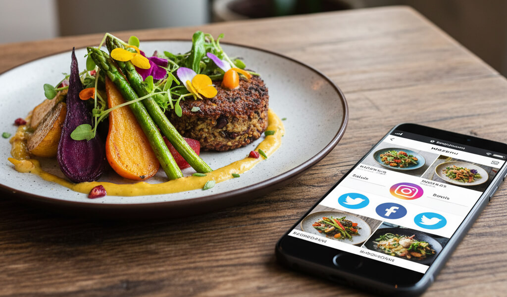 Plant-based restaurant dish with smartphone displaying online menu and social media, promoting vegan dining options.
