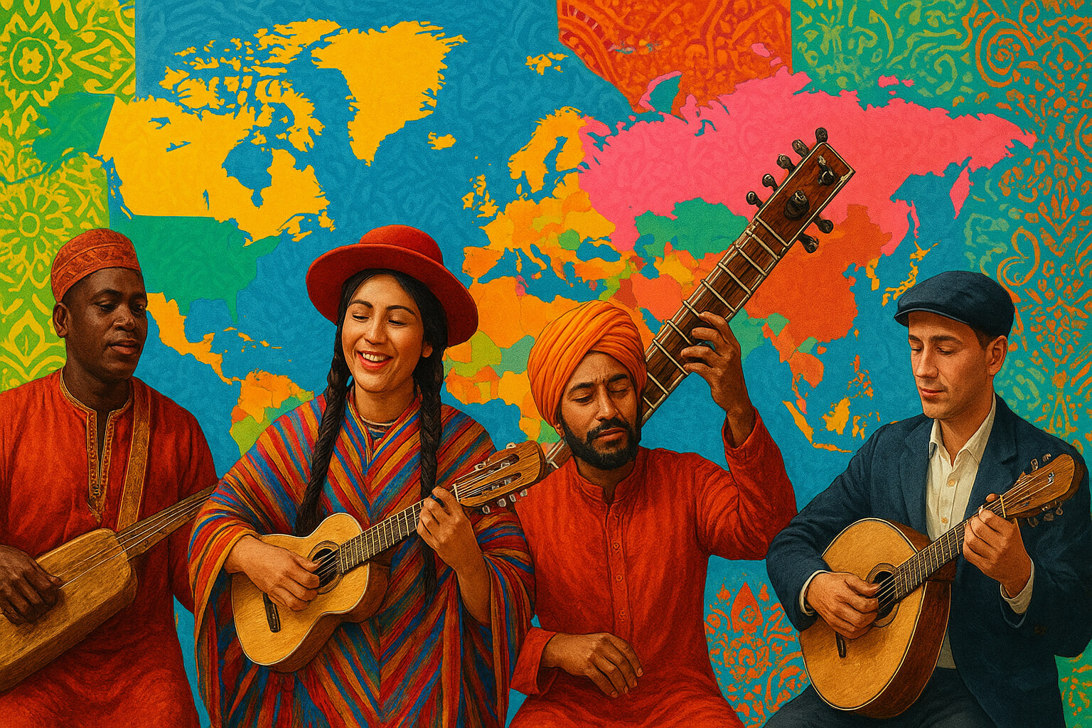 A global music collage showcasing rare world music genres and instruments from diverse cultures.