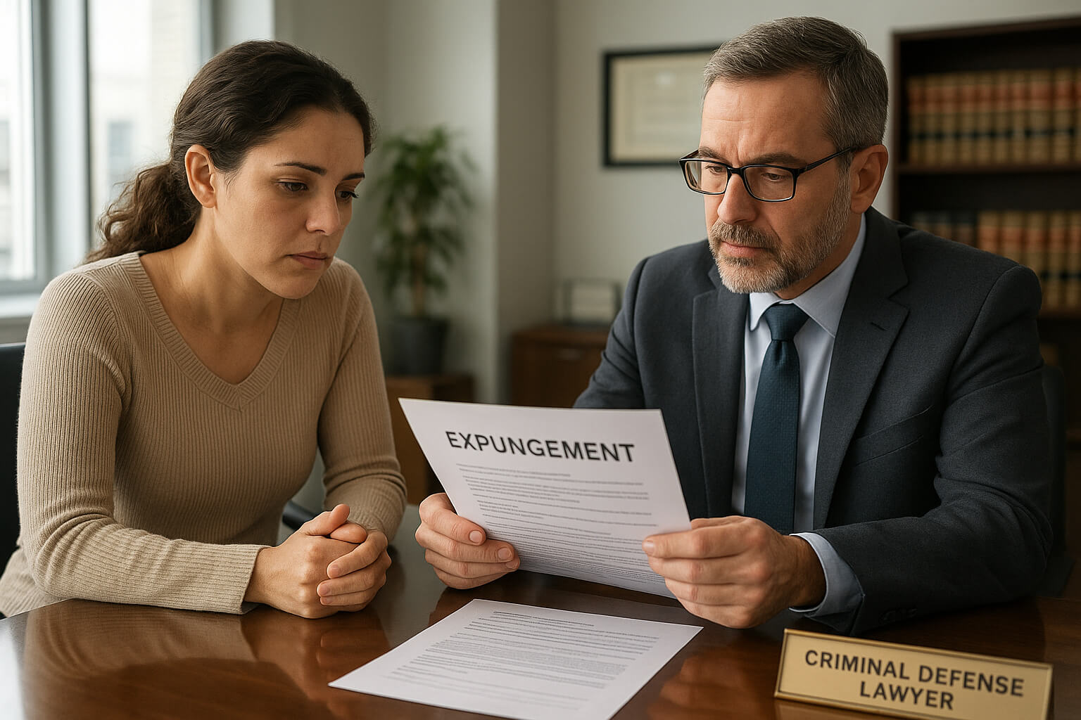 Client and attorney reviewing expungement documents in a professional office setting.