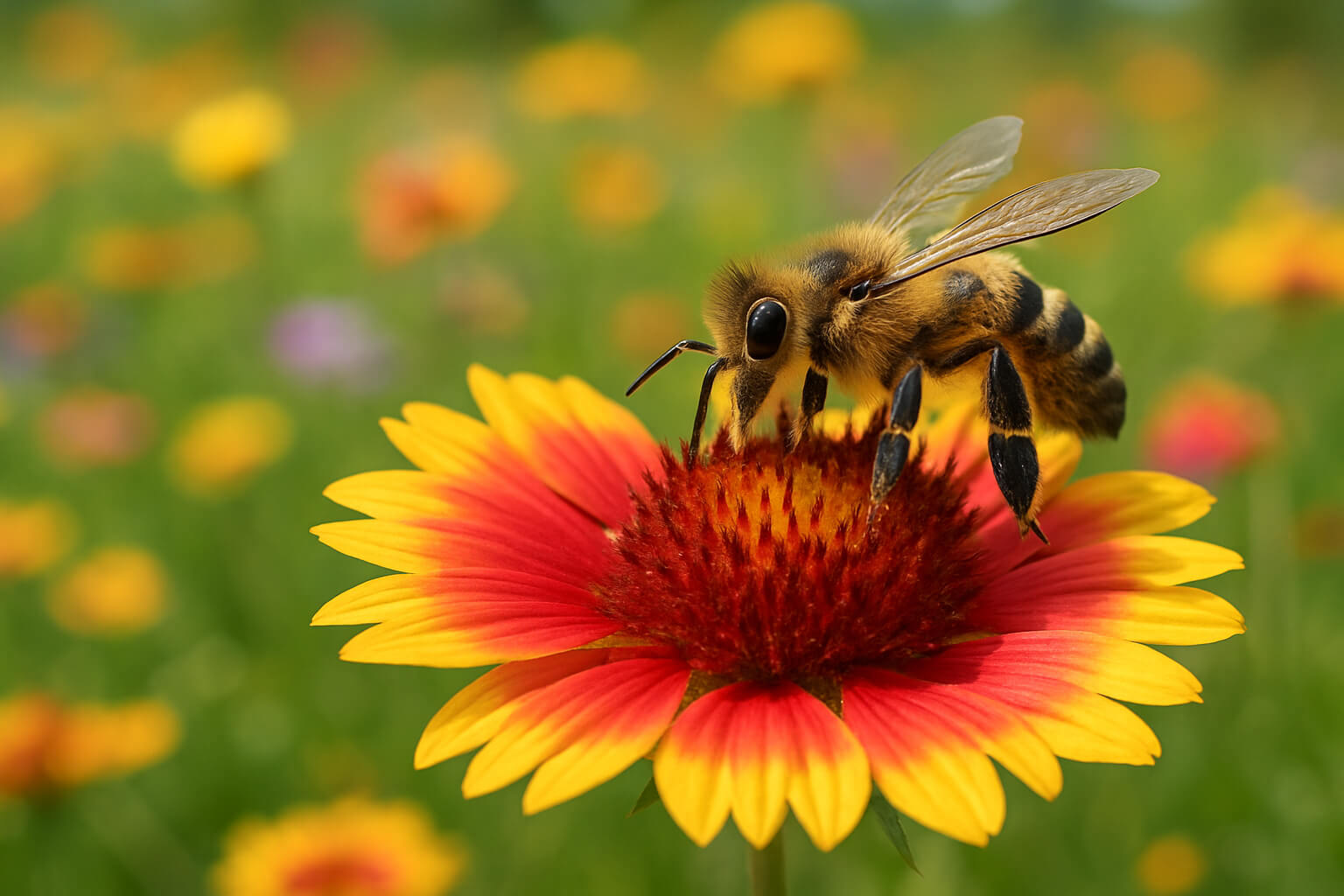 Close-up of a bee pollinating a vibrant flower, symbolizing the importance of bees in biodiversity and food security.
