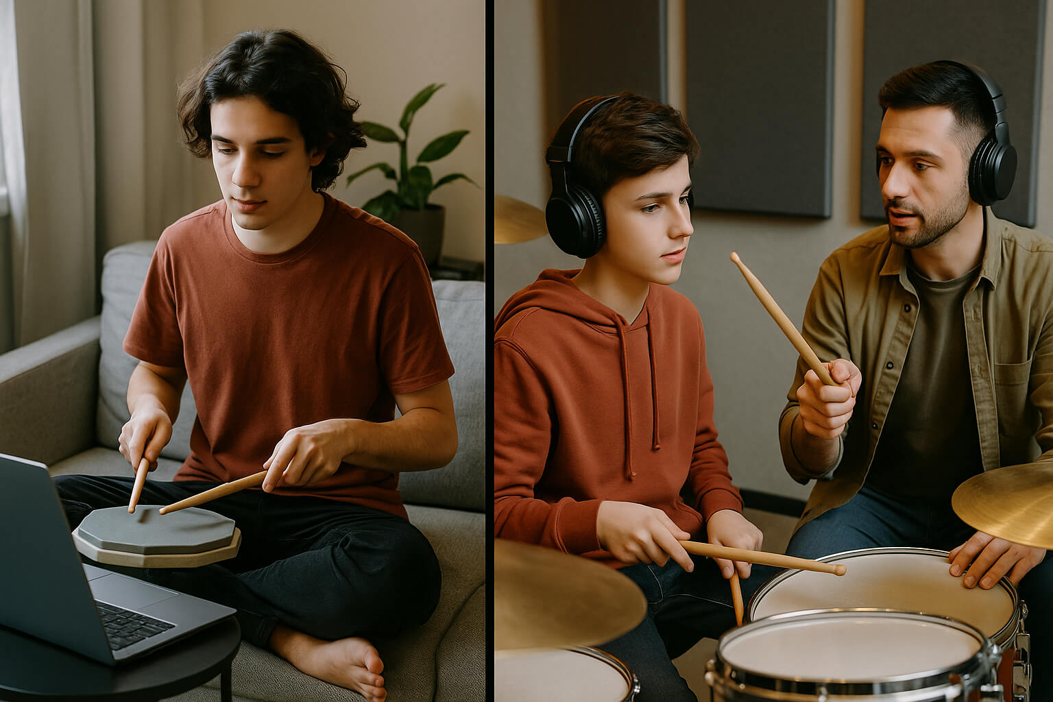 Comparison of self-taught drumming at home and formal drum lessons with an instructor—two approaches to learning drums shown side by side.