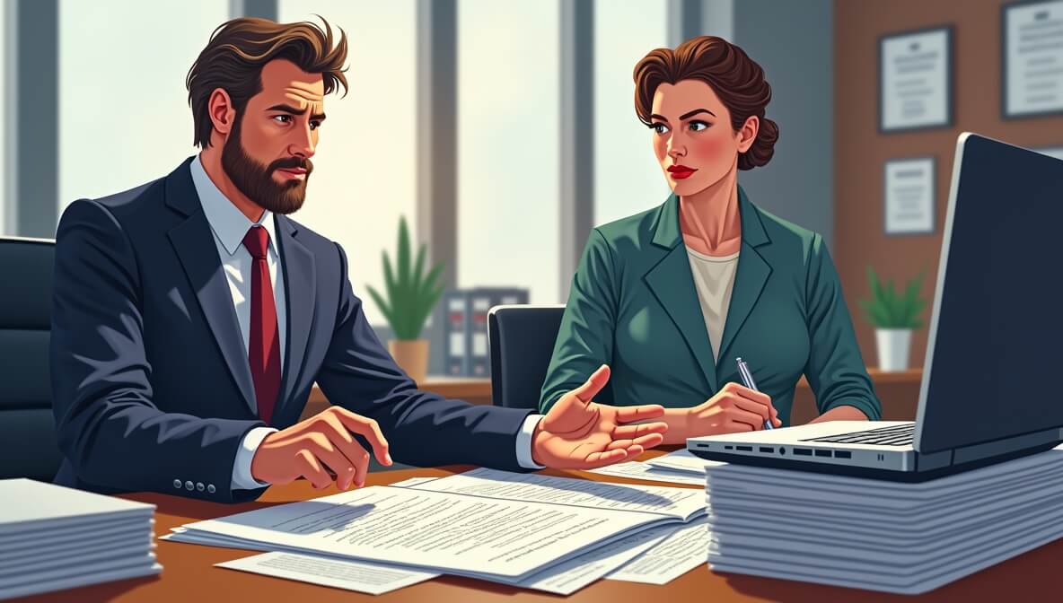 Personal injury lawyer discussing a workers’ compensation appeal with an injured worker, documents and laptop visible.