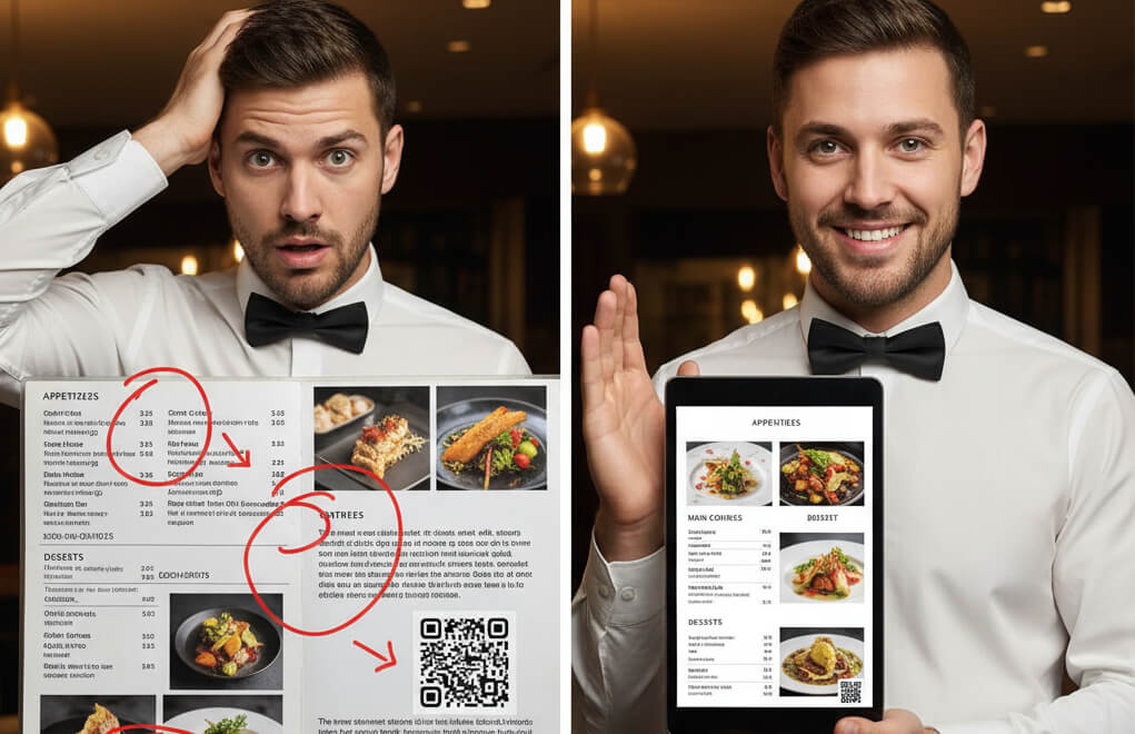 Comparison of a cluttered restaurant menu with a clean, well-organized menu showing common design mistakes to avoid.