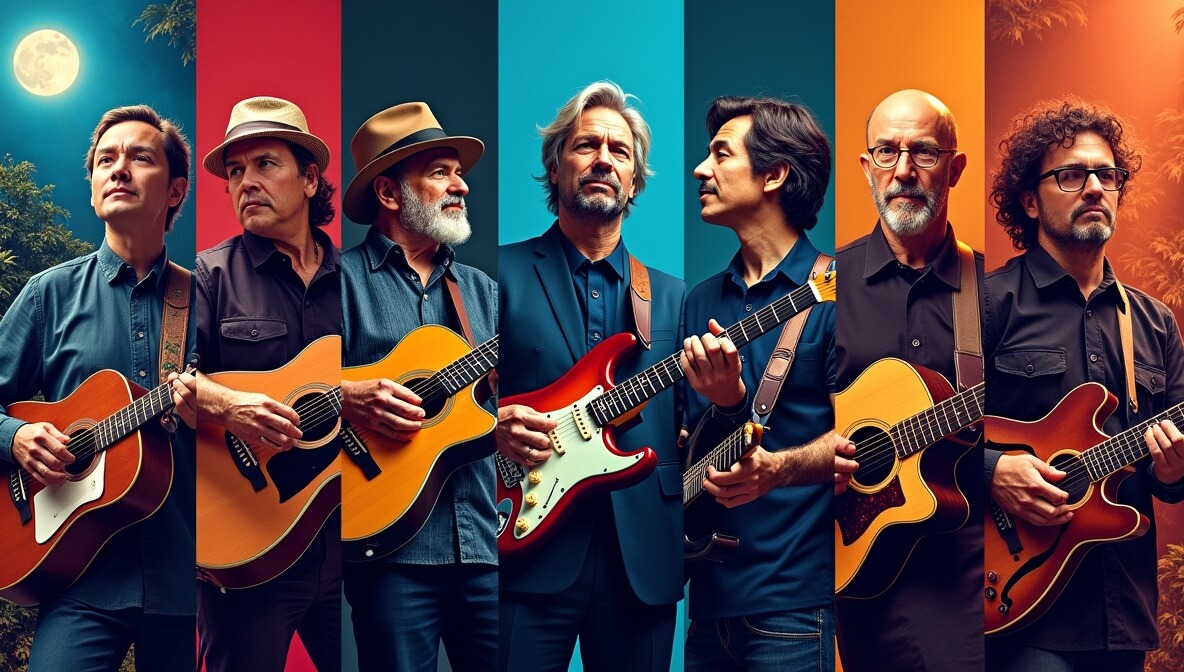 Collage of diverse guitar styles from classical to metal, showcasing unique instruments and postures.