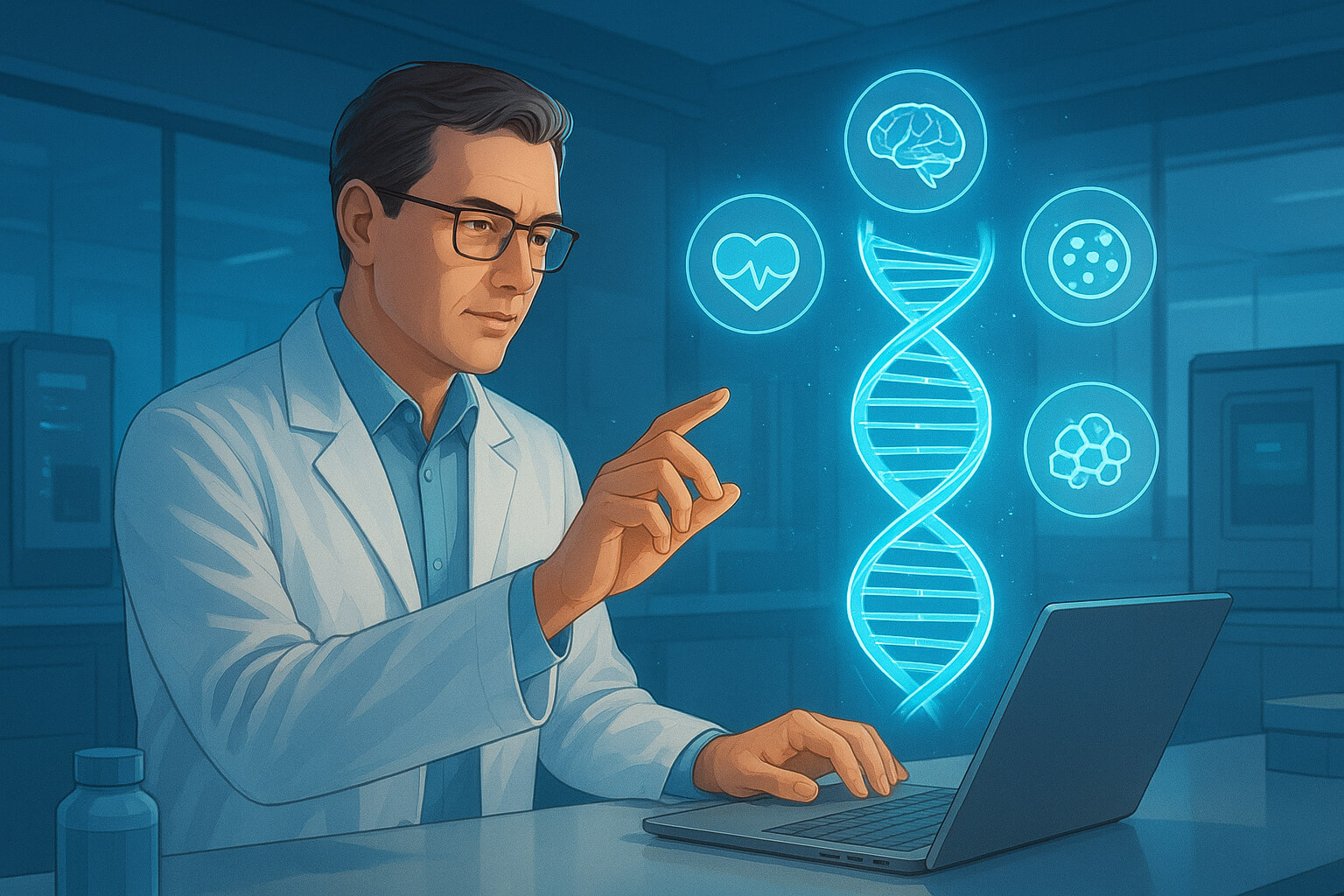 Scientist examining DNA helix on a digital screen, symbolizing genetic research and the future of medical treatments.