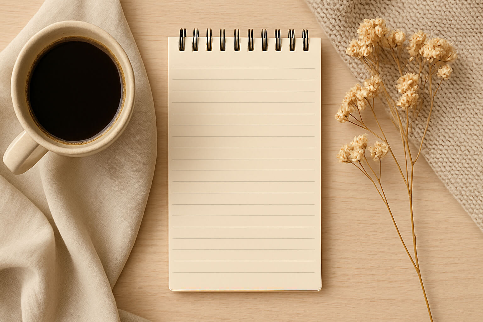 Aesthetic flat lay photo of coffee, notepad, dried flowers, and fabric on a wooden surface.