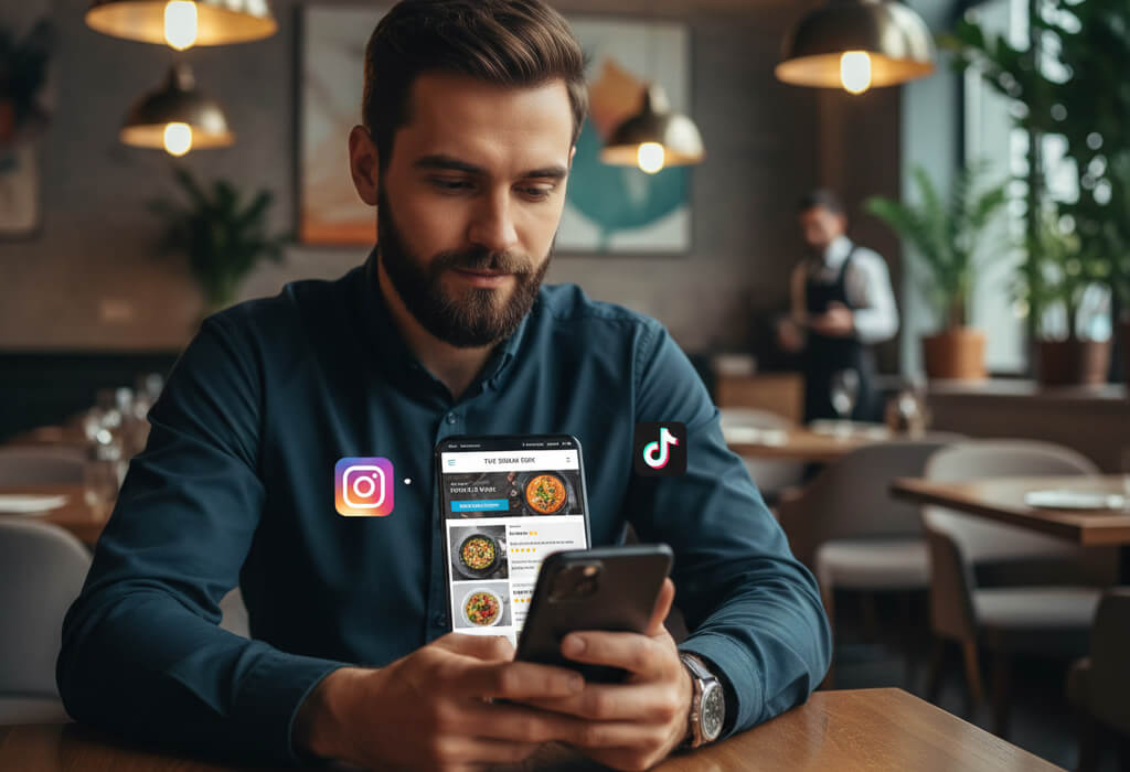 Diners trusting a restaurant website over social media profiles for menus, reviews, and reservations.