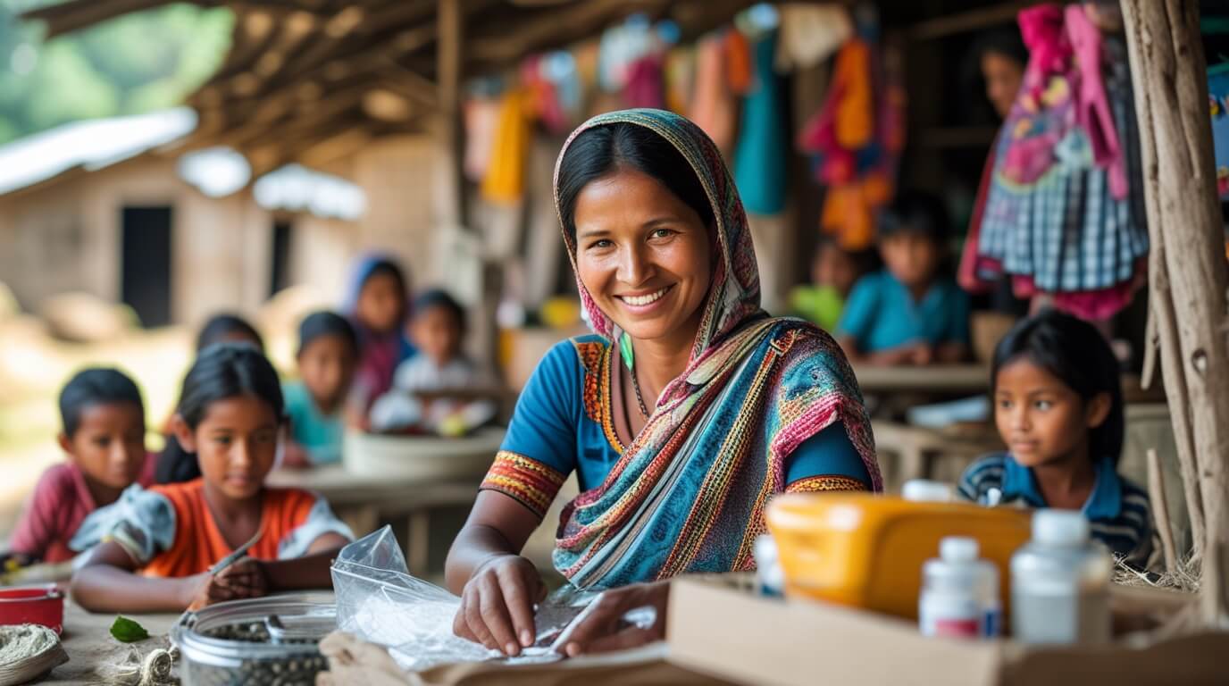 Entrepreneur in a rural community running her small business with the help of a microfinance loan.