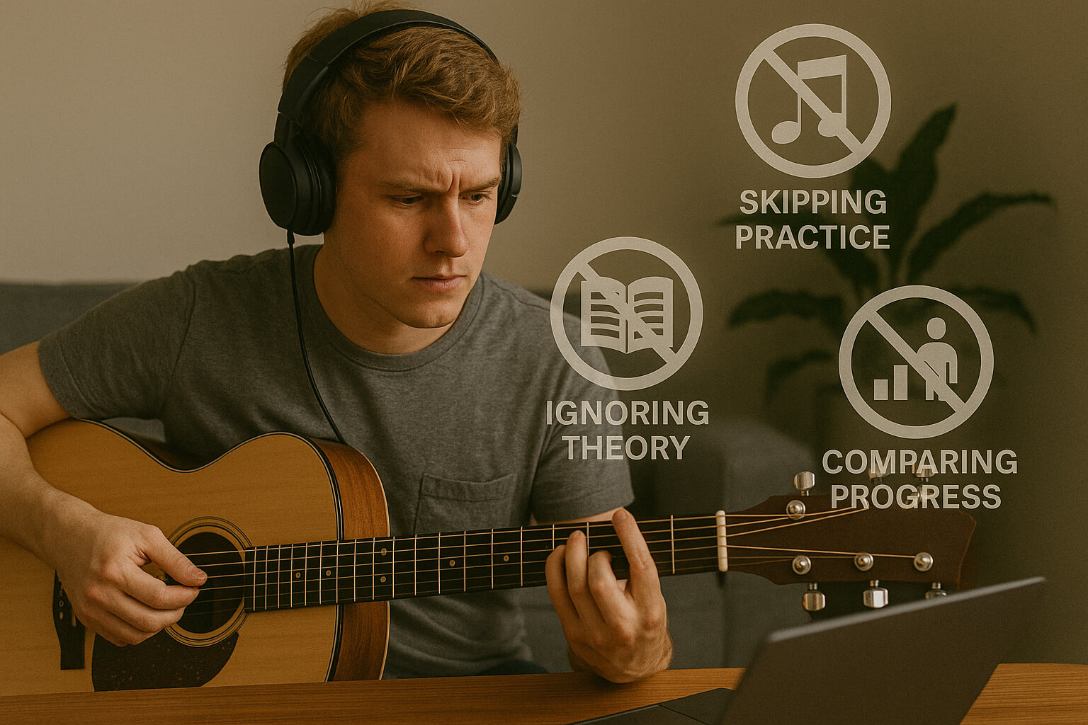 New musician practicing with visual cues highlighting common mistakes to avoid, representing a guide for beginners to progress effectively.