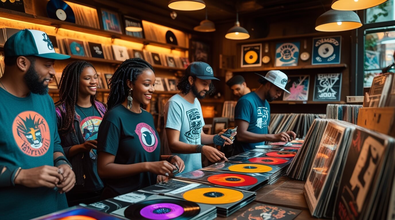 Fans supporting independent artist by purchasing vinyl records, merch, and posters at a coffee shop.