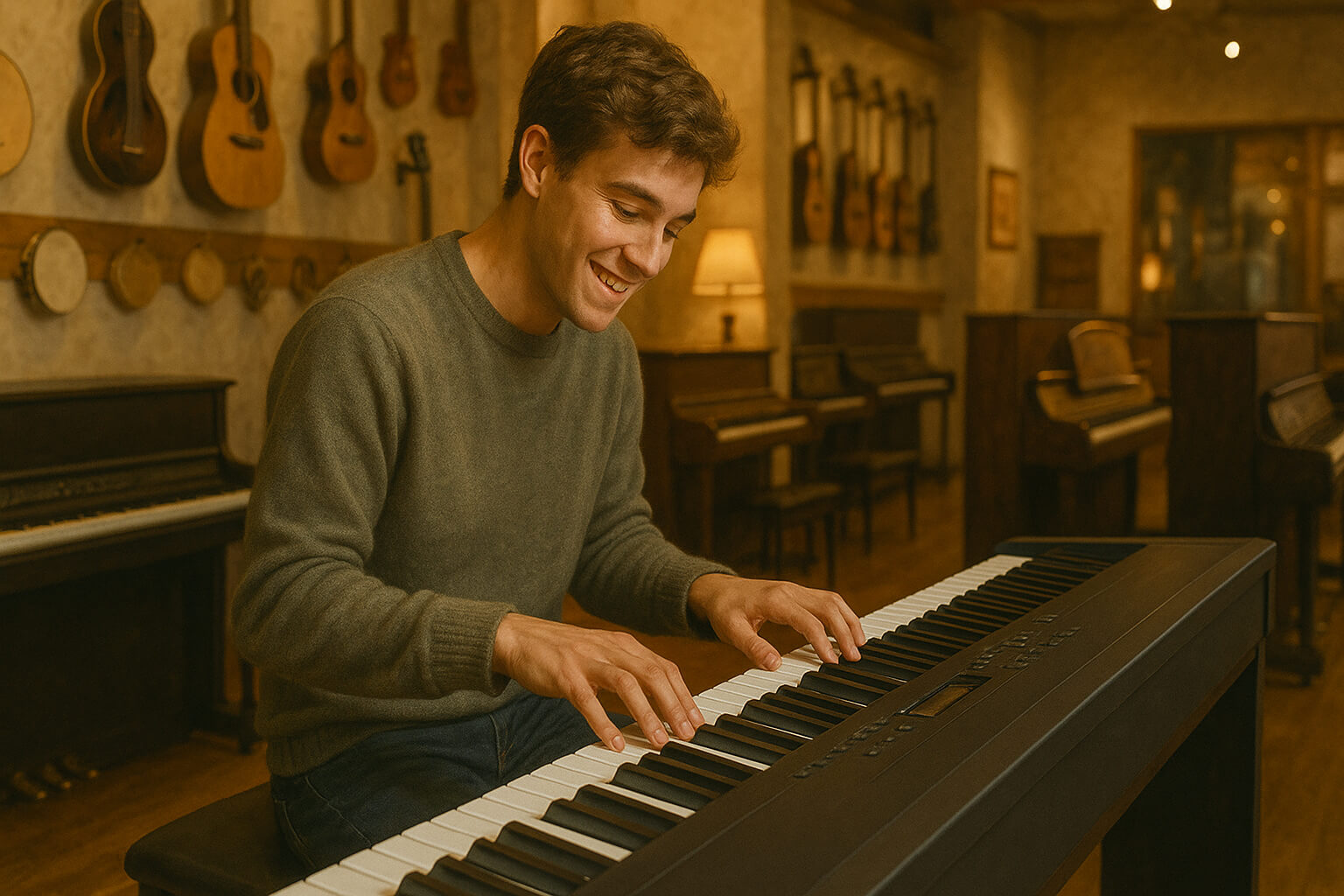 Beginner testing a digital piano in a music store