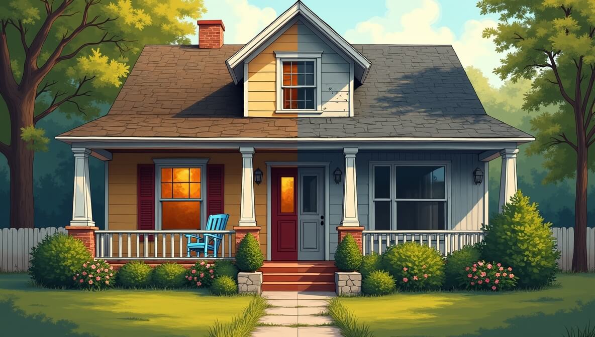 Illustration of a house divided into two halves representing marital property division in a divorce.