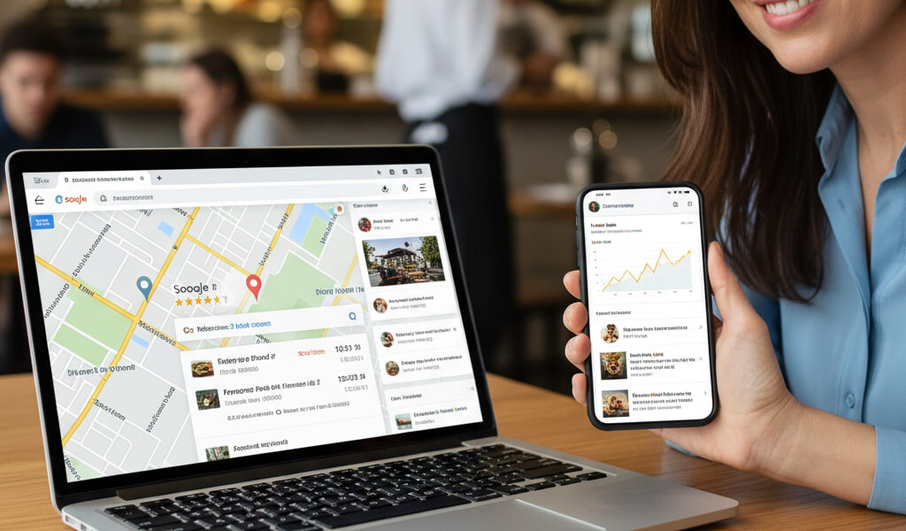 Restaurant owner optimizing local SEO with website, Google Maps, and online reviews to attract nearby customers.