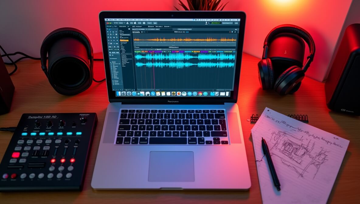 Music producer's desktop with DAW open, headphones, MIDI keyboard, and a USB drive labeled Sample Pack
