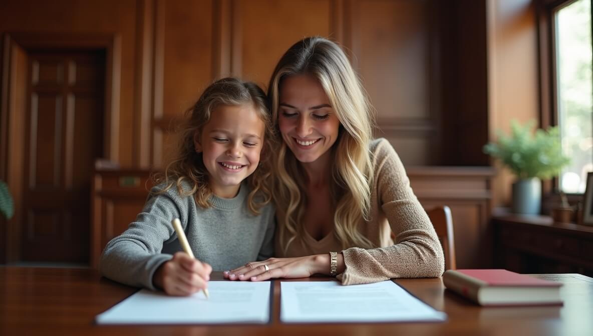 Stepparent signing adoption papers in family court with child and judge present.