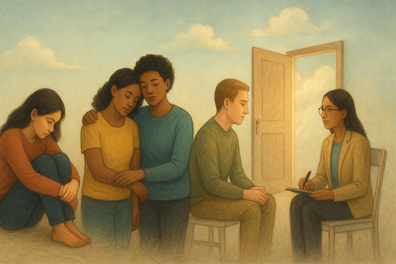 Illustration of diverse individuals representing anxiety, depression, and therapy support in a hopeful and inclusive setting.