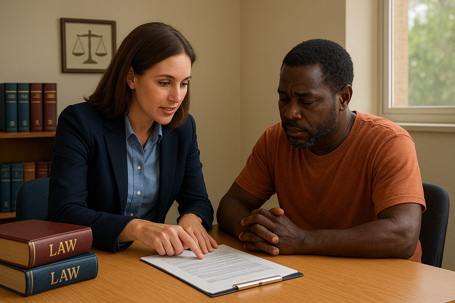 Lawyer providing free legal assistance to a disadvantaged individual in a community setting