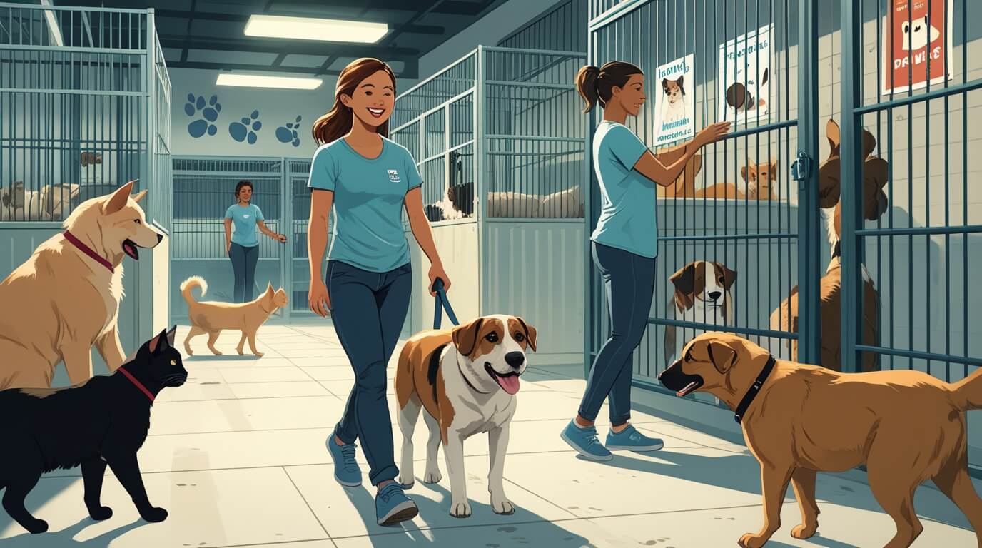 A volunteer smiling while walking a happy rescue dog at an animal shelter, symbolizing compassion and community support.