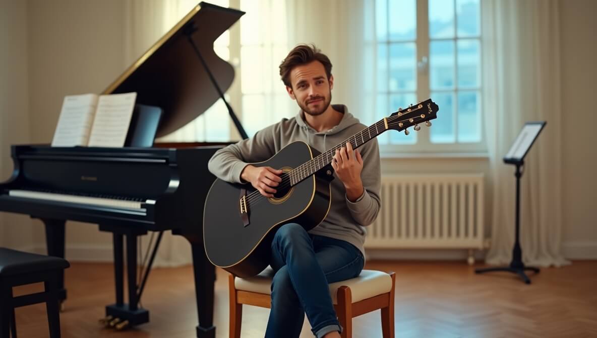 Musician maintaining proper posture and ergonomics while practicing guitar in a home studio with supportive seating and correct instrument position.
