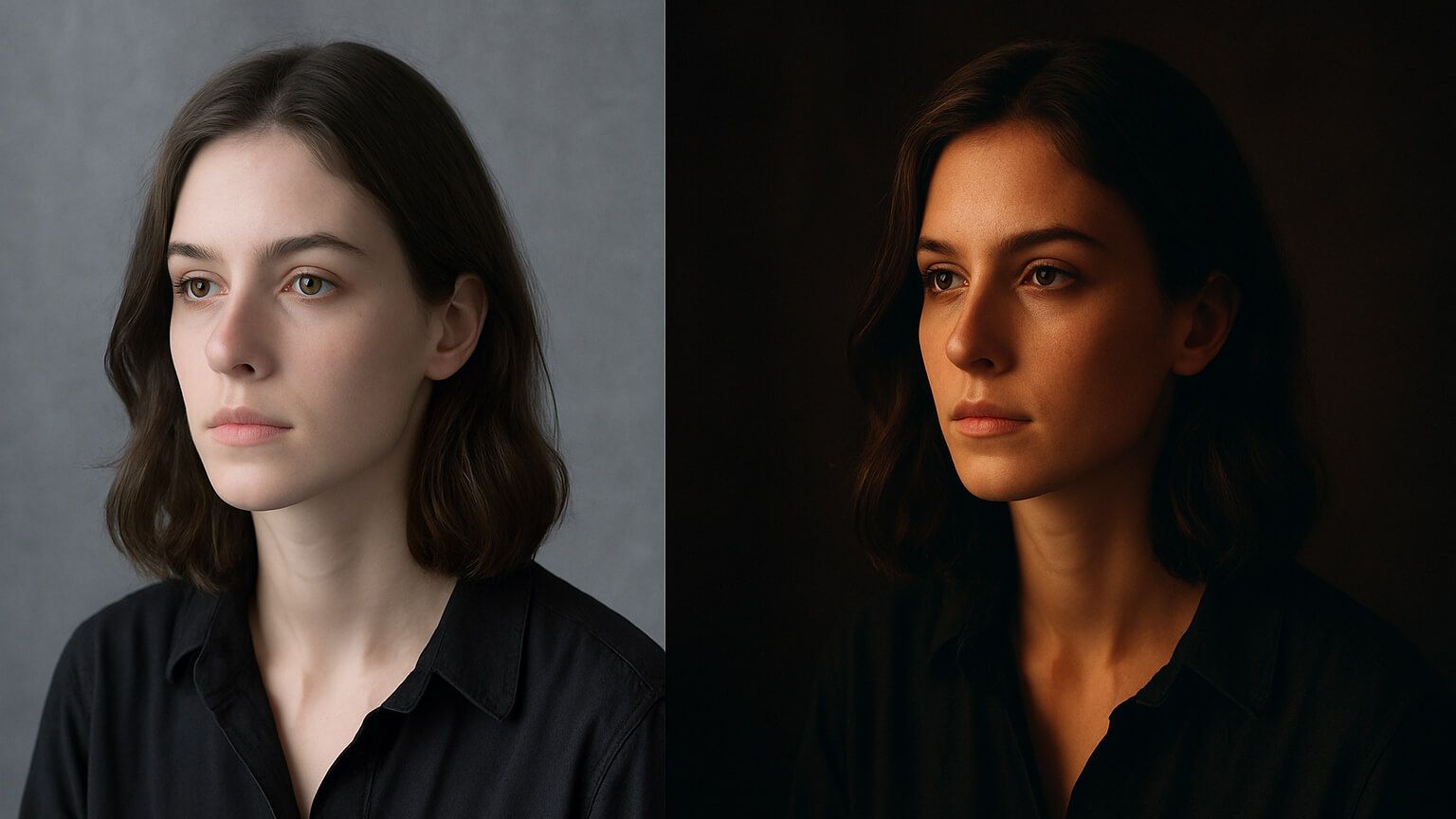 Portrait photo showing before and after color grading—dramatic shadows, warm tones, cinematic feel.