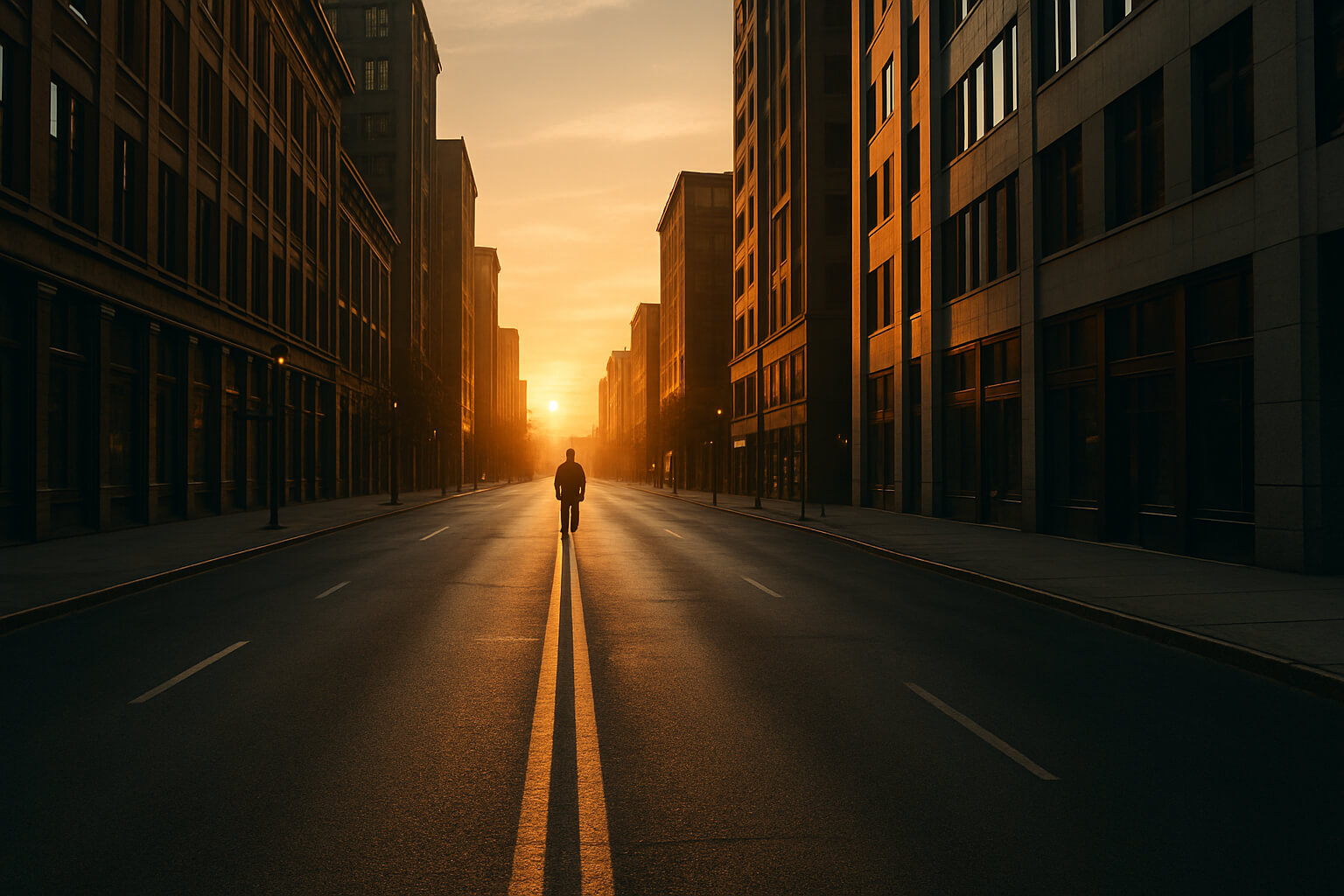 Urban street photo with strong leading lines guiding the eye toward the main subject.