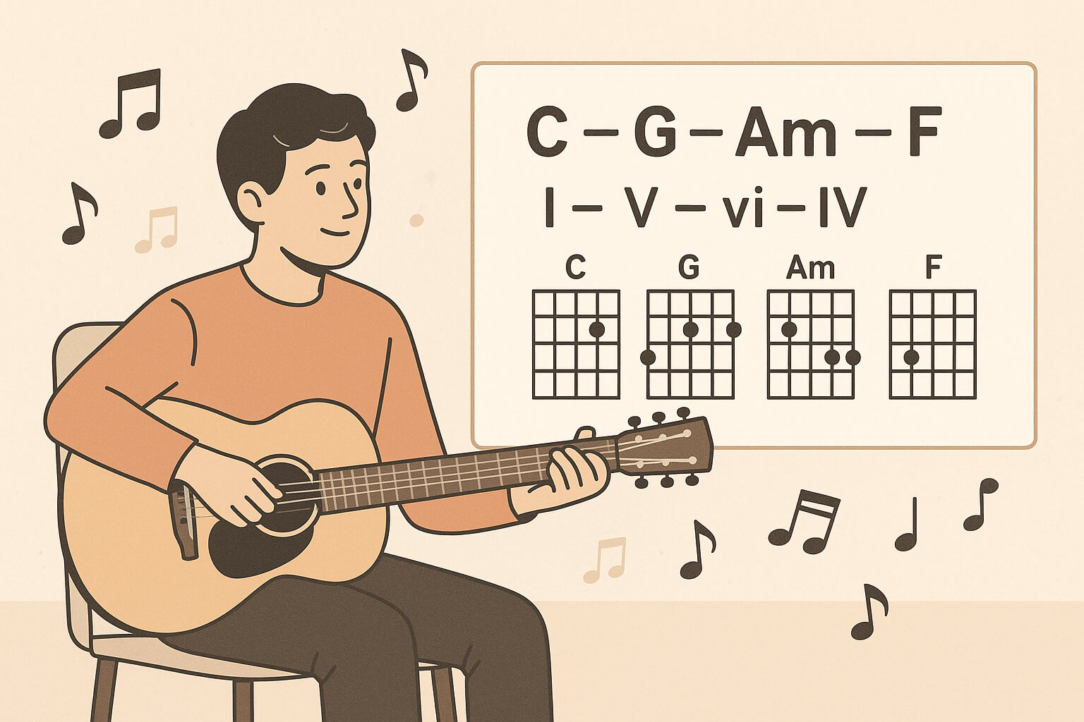 Beginner musician reading a chord progression chart with C, G, Am, F chords and Roman numerals, practicing on a guitar or keyboard in a learning environment.