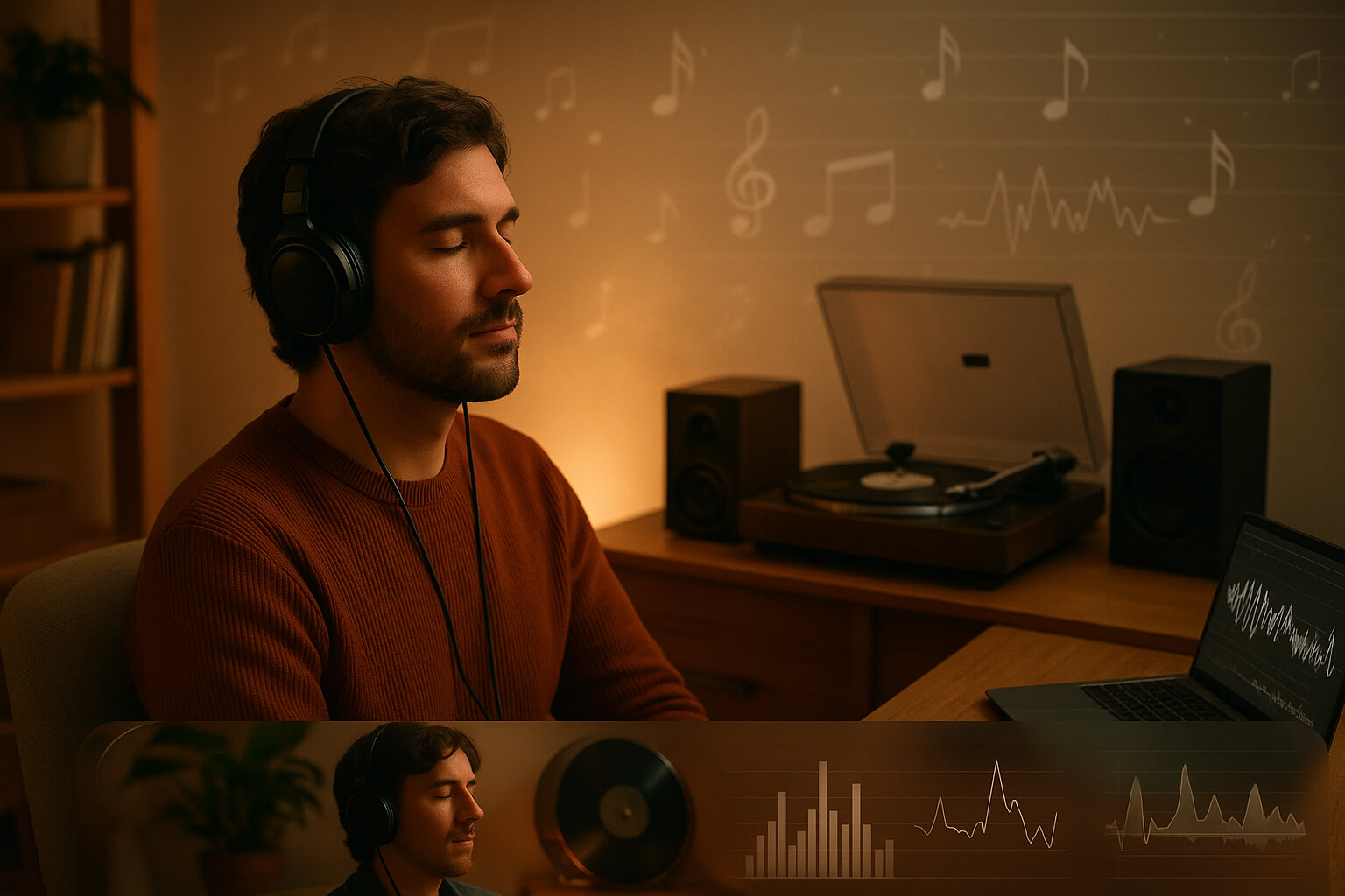 Person wearing headphones in a cozy listening room, surrounded by musical notes and waveform graphics, representing critical music listening.