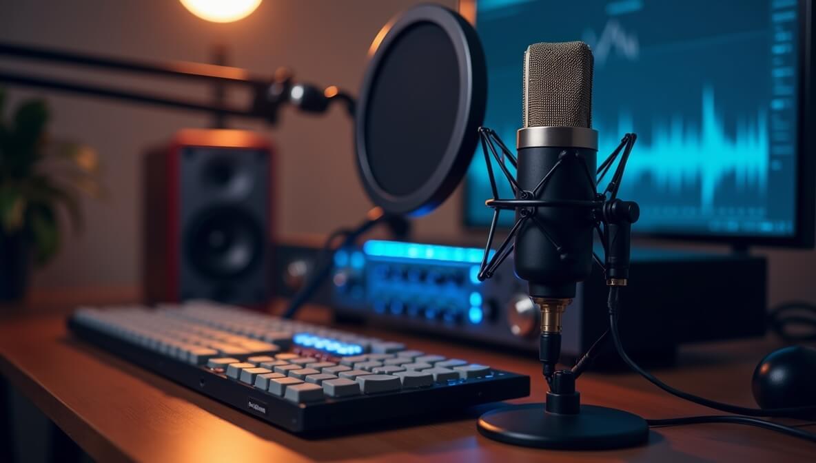 Home recording setup with a condenser microphone, pop filter, and audio interface on a desk.