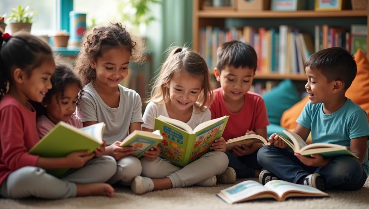 Children enjoying storybooks together in a cozy classroom with a teacher encouraging reading.