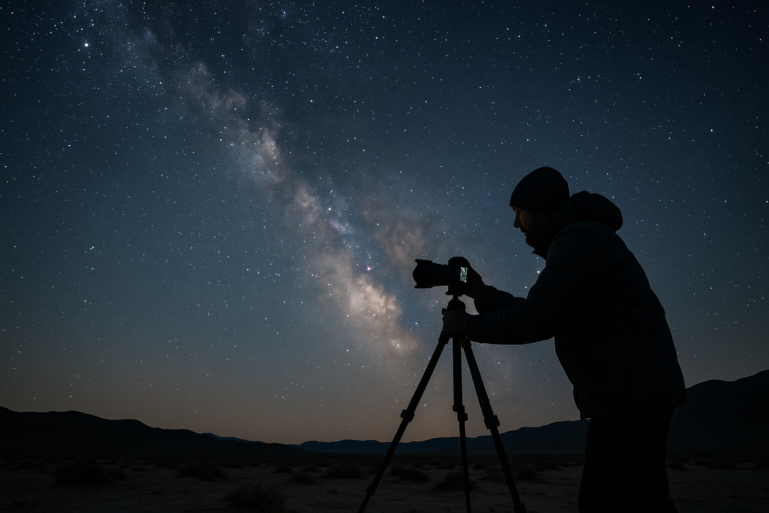 A photographer using a wide-angle lens on a tripod to capture the Milky Way galaxy in a remote dark sky location, perfect for astrophotography.