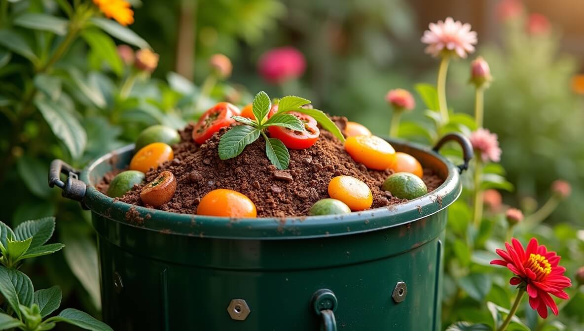 Backyard compost bin with food scraps and garden waste reducing landfill waste.