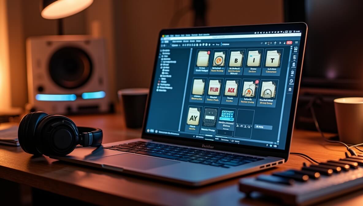 Music producer downloading free rap and hip-hop beats in a home studio setup.