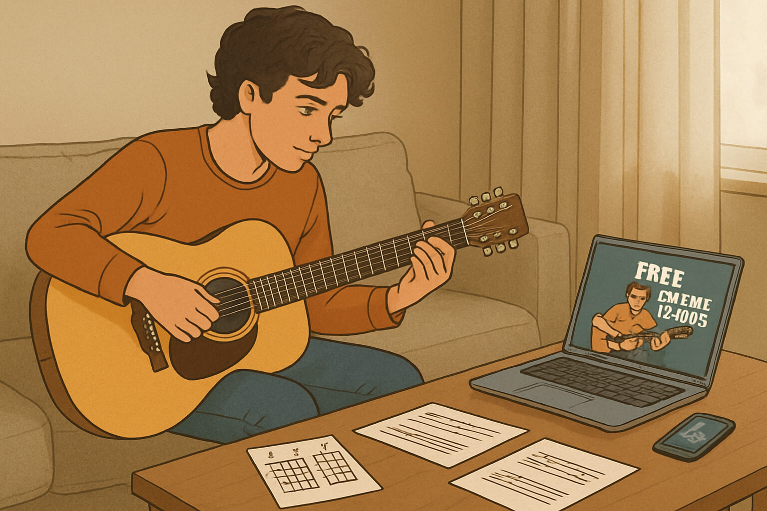 Beginner learning guitar with free online courses and practice materials, in a casual home setting.