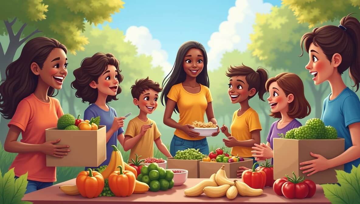 Families and children receiving nutritious meals at a community food bank with volunteers distributing fresh produce.