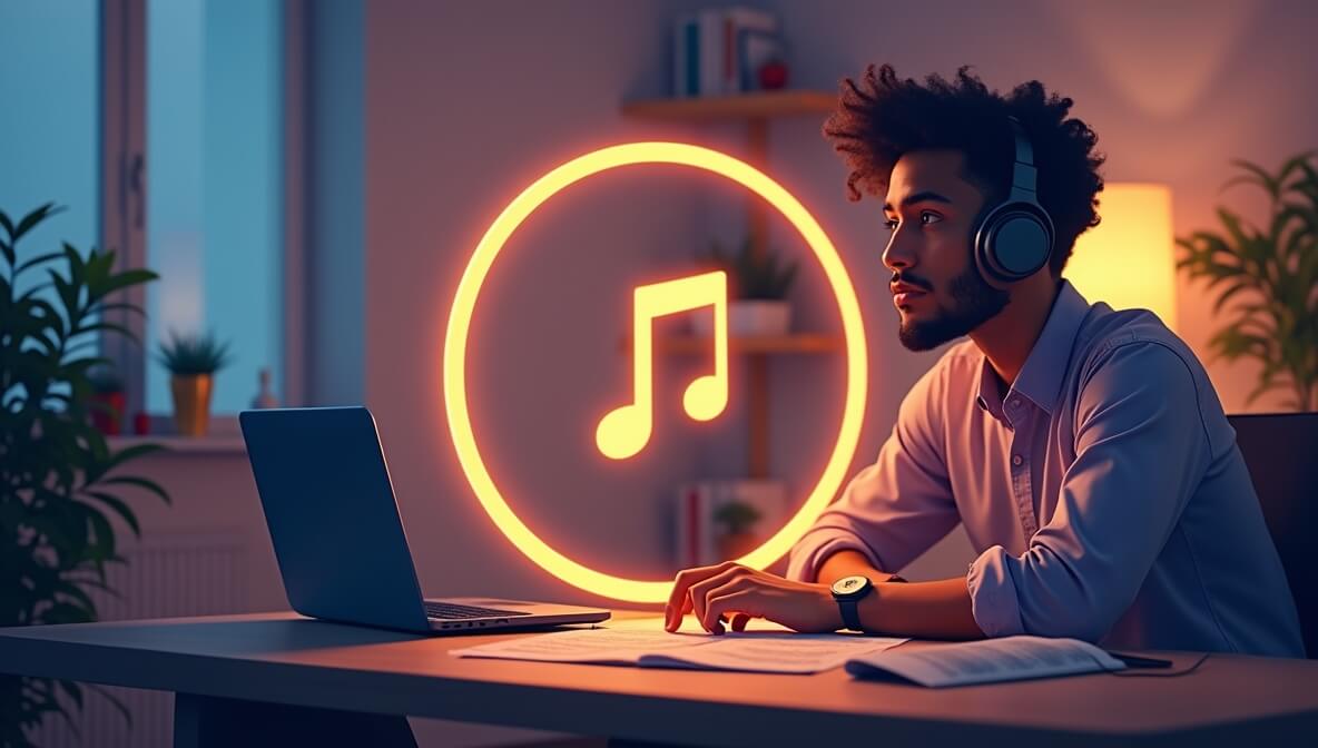 Musician at a desk with laptop, sheet music, and headphones, with a glowing copyright symbol representing music protection.