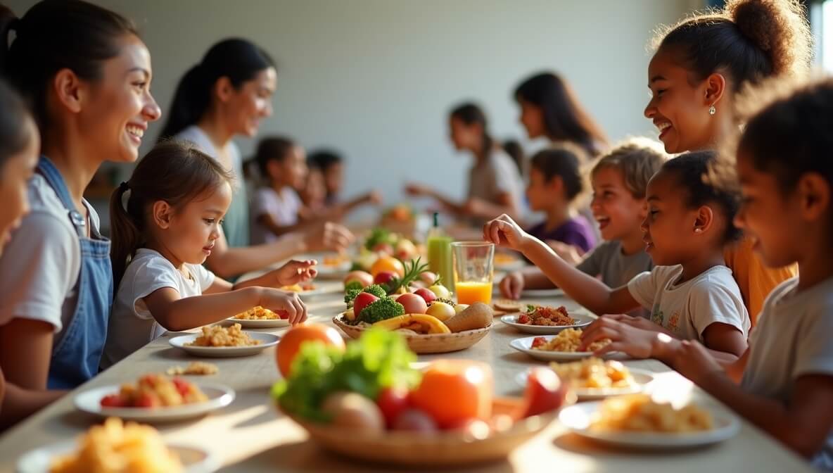 Volunteers serving nutritious meals to children in a community program, symbolizing efforts to fight child hunger.