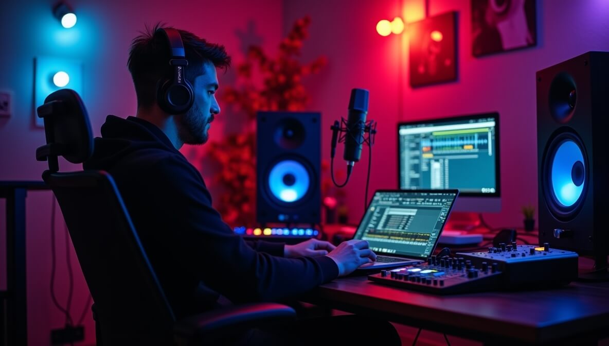 Music producer working on a viral song in a digital audio workstation
