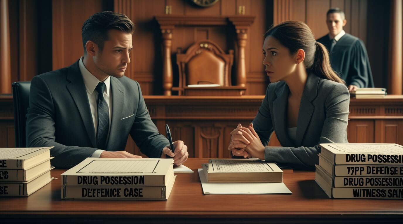 Defense attorney discussing a drug possession case with a client in a courtroom setting.