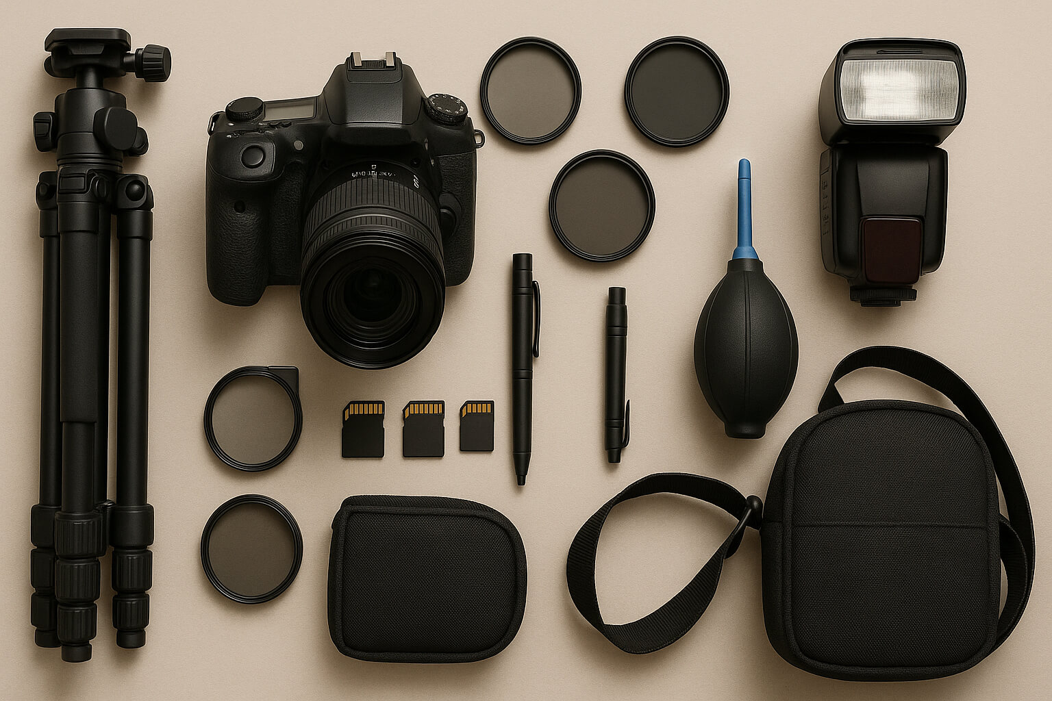Flat lay photo of essential camera accessories for photographers including flash, tripod, lens filters, and memory cards.