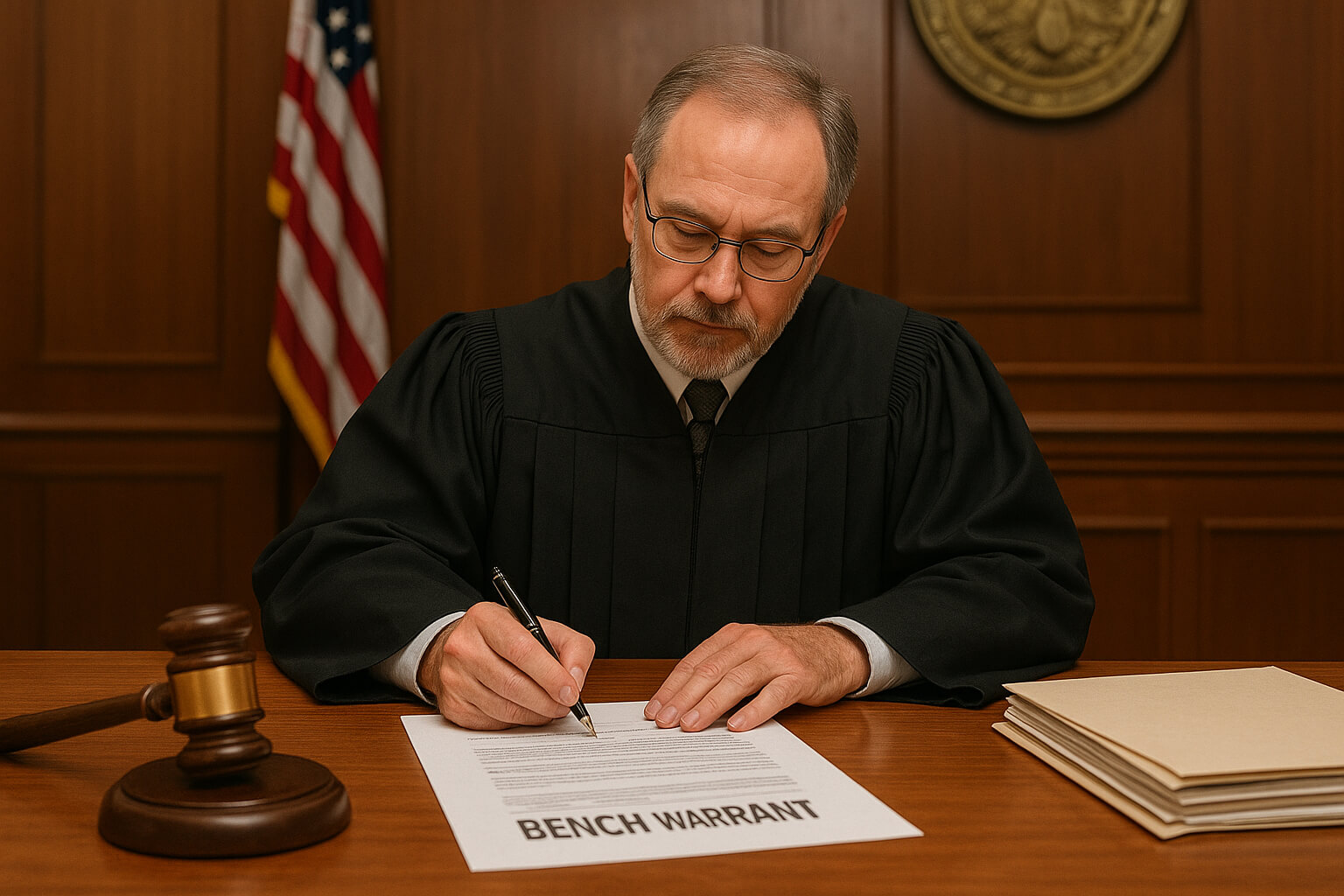 Judge signing a bench warrant in a courtroom with legal documents on the desk.