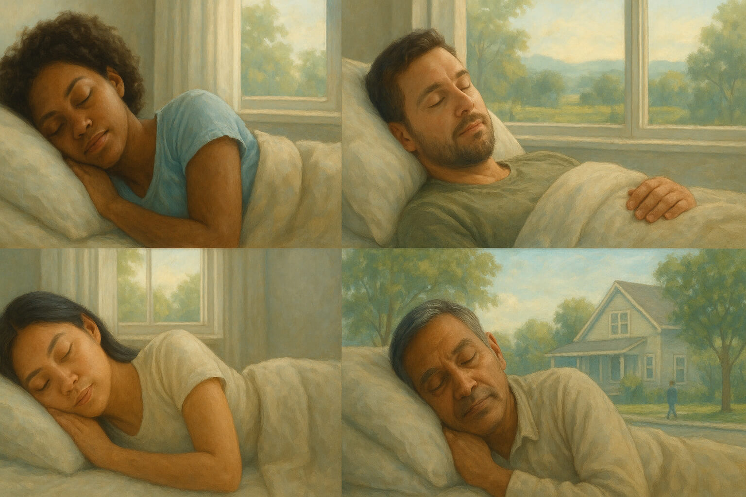 People sleeping peacefully in a serene, diverse community setting, emphasizing healthy sleep habits.