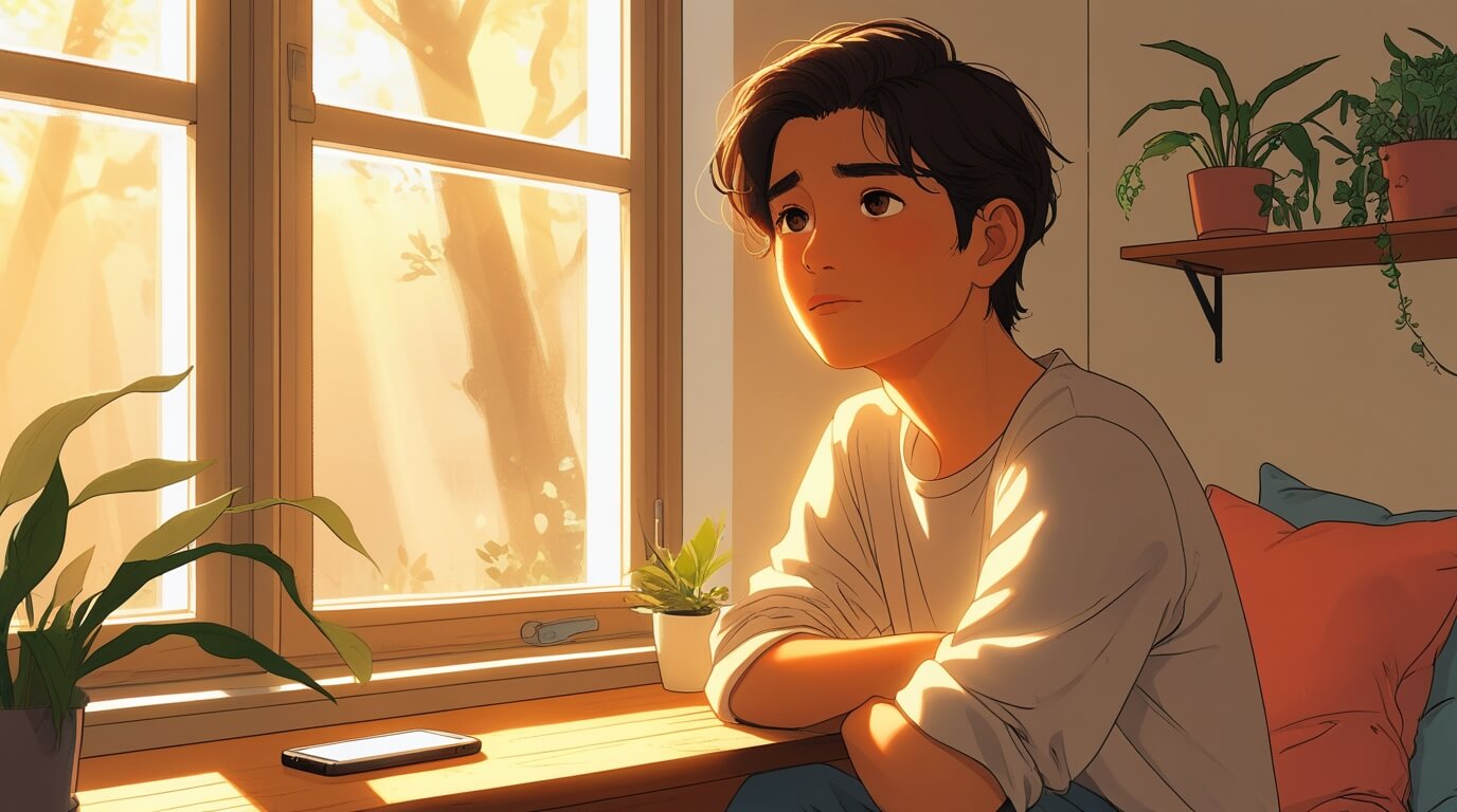 Person sitting alone by a window, symbolizing loneliness but with signs of hope and connection.