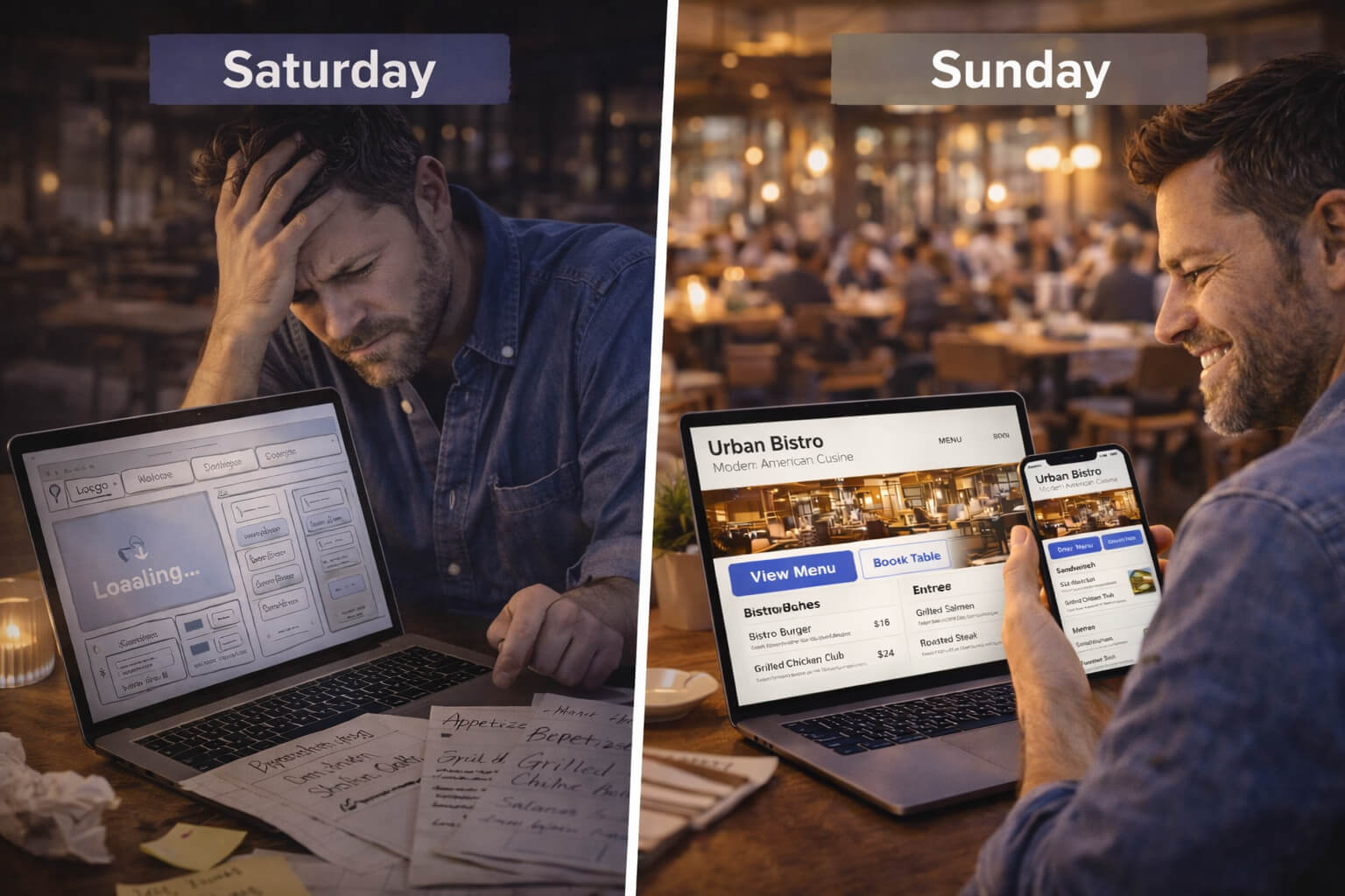 Restaurant owner launching a modern, mobile-friendly restaurant website in one weekend with online menu, reservations, and location details visible on screen.