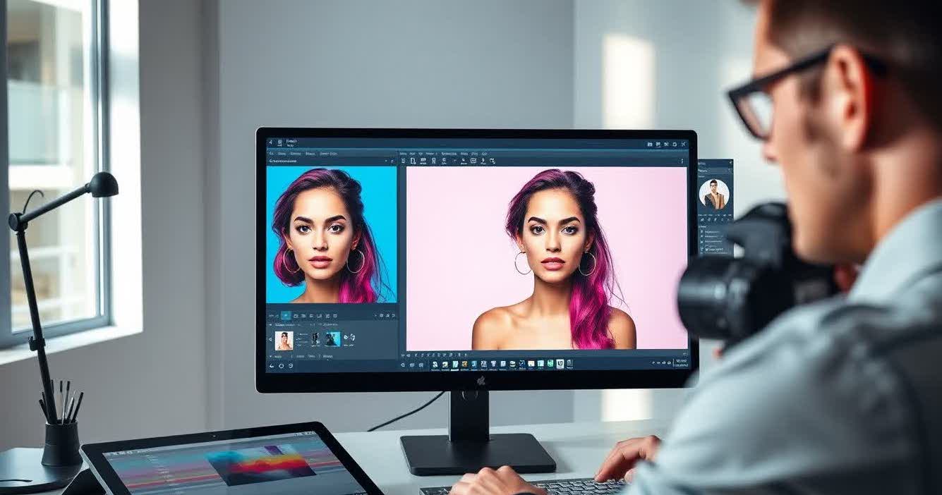 Photographer editing a colorful image on a desktop screen with editing tools on the desk