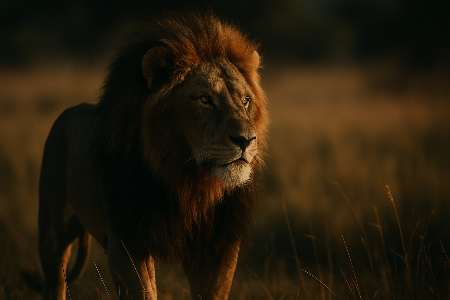Lion photographed with a telephoto lens in golden hour light, showcasing detail and shallow depth of field.