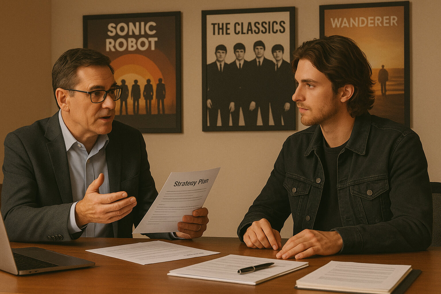 Music manager consulting with an artist in a creative studio office over career planning documents.