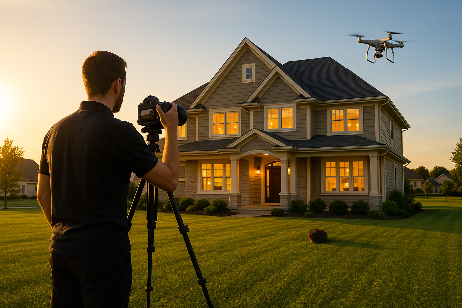 Real estate photographer capturing a luxury home with a camera, while a drone hovers overhead for aerial shots.