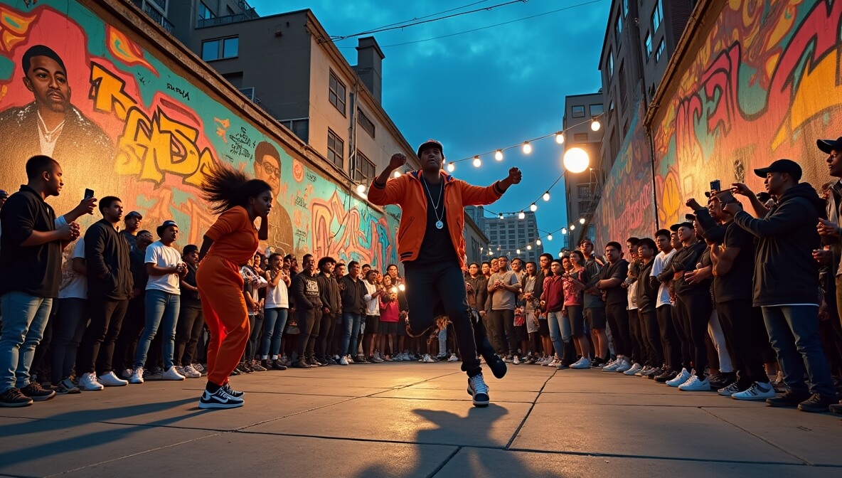 Graffiti artist, breakdancer, and rapper performing together in an energetic urban scene representing hip-hop culture.