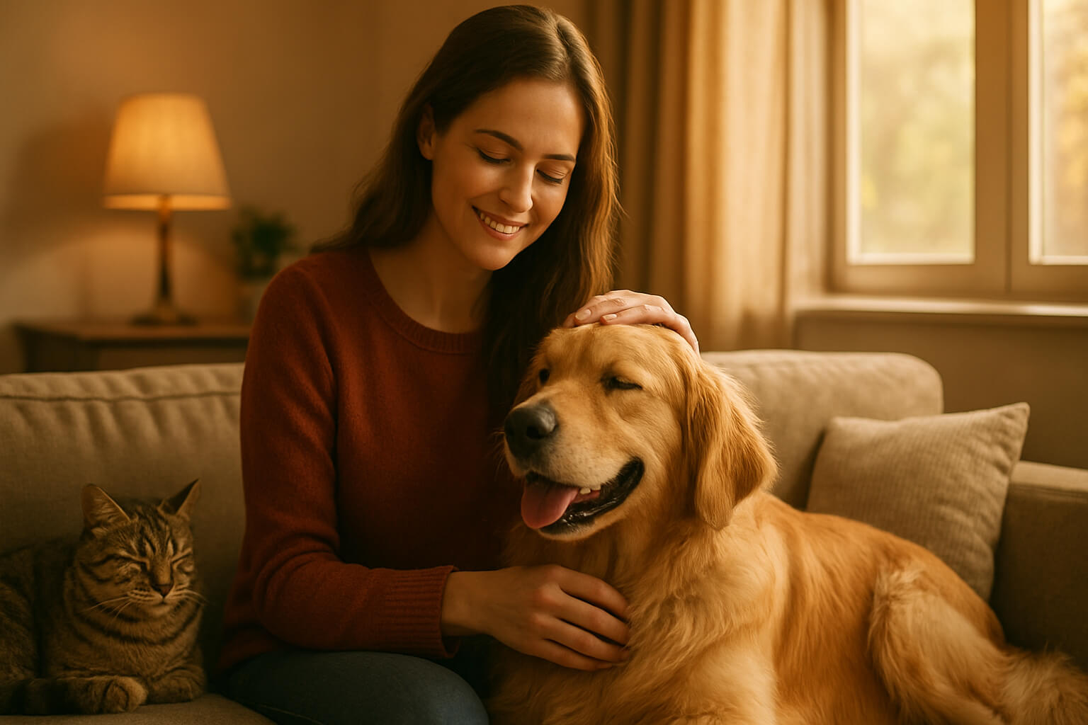 Smiling woman relaxing with her dog and cat, showing the mental health benefits of companion animals.