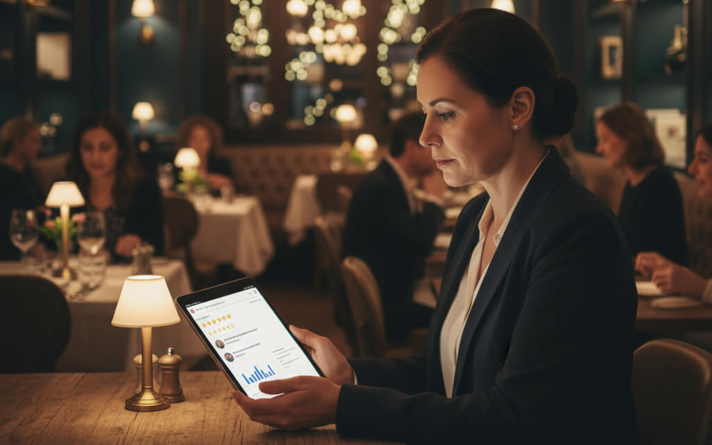 Restaurant owner reviewing customer feedback and ratings online, highlighting the importance of digital reviews.